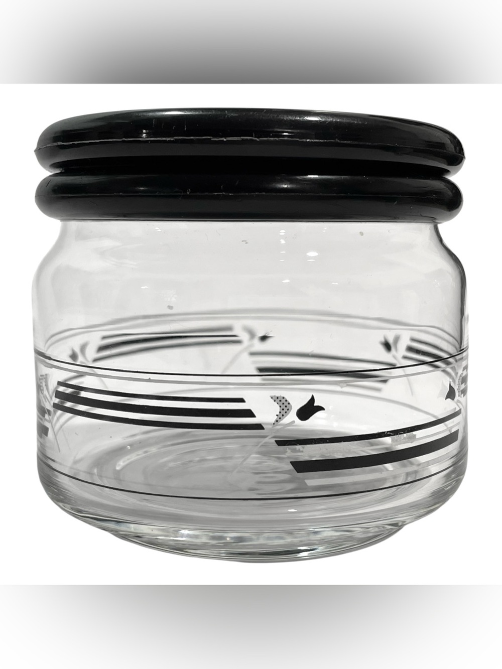 Vintage 1980s KIG Indonesia Black and White Tulip Small Glass Jar Plastic Lid